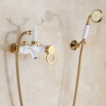 Guld og hvidt badeværelse hane dobbelt håndtag vægmonteret telefon form bathrub messing vandhane blandingsbatteri med håndbruser 0119