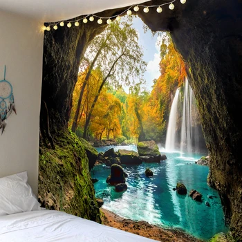 Smuk grotte med vandfald digital print væggen hænger hippie-tapetet polyester stof hjem dekoration væg tæppe