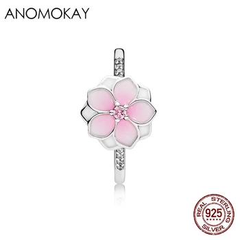 Anomokay Mode 925 Sterling Sølv med Pink Emalje Blomst Ringe Poetisk Daisy Cherry Blossom Finger Ring for Kvinder Smykker HOT