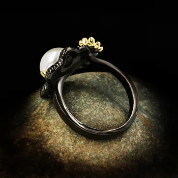 2020 Vintage Smykker 925 Sterling Sølv Barok Perle Ringe til Kvinder, Bryllup, Engagement Brud Sort Guld Fine Smykker