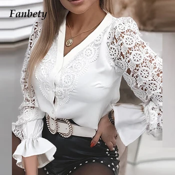 Kvinder Fahsion Blonder Patchwork Bluser Kontor Damer Shirts 2021 Spring Nye Elegante Lange Ærmer Toppe Casual-Knappen Design Blusa