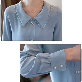 Kvinder Bluser Chiffon-Shirts til Kvinder Elegante Kvinde Dukke Krave Perlebesat Bluse Kvinde langærmet Bluse Damer Toppe Plus Størrelse