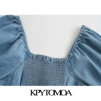 KPYTOMOA Kvinder 2020 Mode Blomster Broderi Beskåret Denim Bluse Vintage Lanterne Ærme Tilbage Elastisk Kvindelige Skjorter Smarte Toppe