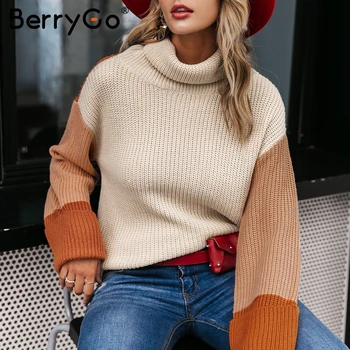 BerryGo Patchwork turtleneck sweater kvinder Afslappet langærmet koreanske pullover kvindelige jumpere Kvinder streetwear damer trøjer