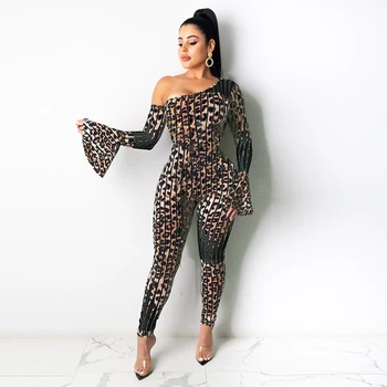HAOYUAN Sexet Leopard Print Bodycon Jumpsuits Ene Skulder Flare Ærmet Falde Tøj til Kvinder, Træningsdragt, Et Stykke Club Udstyr