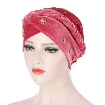 Nye Turban Hovedbeklædning for kvinder, Velvet Perle Solid Cross Fletning Chemo Caps Huer Huer til Kræft Headwrap Hijab Hår Tilbehør