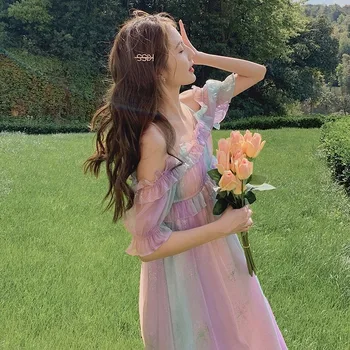 Fransk Fairy Dress Kvinder Puff Ærme Chiffon Sød Sommer Kjole Afslappet Koreanske Japan Style Kawaii Maxi Elegante Rainbow Kjole 2020
