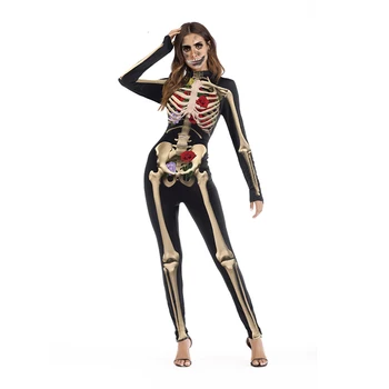 Et Stykke Kvindelige Kraniet Skelet Kostume Halloween Party Slid Skræmmende Kvinde Buksedragt Tynde Zombie Vampyr Cosplay til Damer