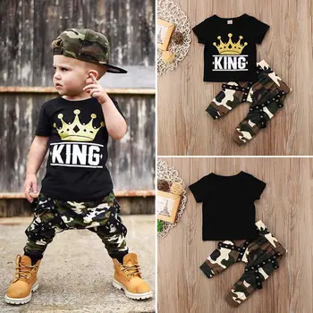 Spædbarn Barn Baby Drenge Tøj Sæt Black King T-Shirt Vedhæng Camouflage Bukser Børn 2stk Sommeren Afslappet Tøj, Mode