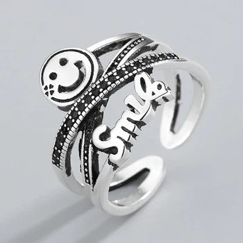 Gotisk Punk Smil Ansigt Brev Sort Cubic Zirconia Justerbar 925 Sterling Sølv Ring Med Chunky Smykker Til Kvinder