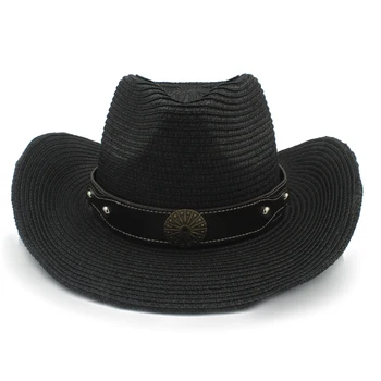 Kvinder Mænd Halm Vestlige Cowboy Hat Med Håndlavet Bælte Herre Sombrero Hombre Hat Størrelse 56-58CM
