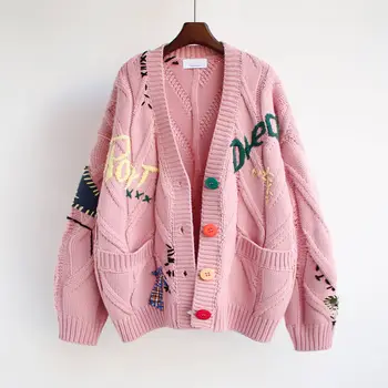 Single Breasted Kærlighed Hjerte Mønster Sweater 2020 Nye Efterår og vinter Unge Style Sød V-hals Cardigan Outwear Elegante Knitt
