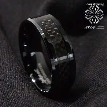 Mænds smykker Wolfram Ring med kulfiber 8mm Sort Bryllup Band Gratis Fragt
