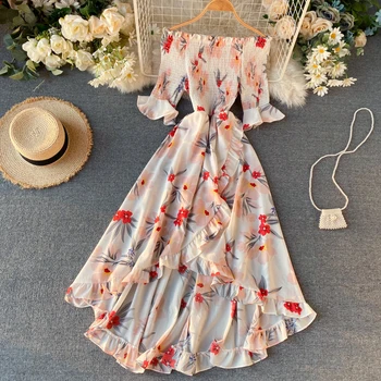 Boho Vintage Flæser, Blomster Print 2020 Sexet Off Skulder Kjole Sommer Maxi Lang Part Kvinder Casual Uregelmæssige Beach Holiday dress