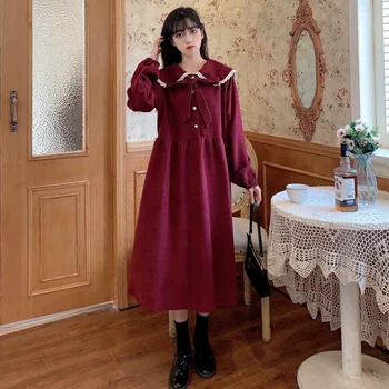 Japansk dukke krave løs Lolita tynd retro niche fransk fløjlsbukser langærmet kjole kvindelige efteråret og vinteren ny stil